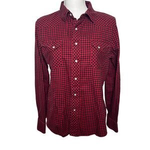 Ralph Lauren women red black buffalo plaid pearl snap western flannel shirt 14